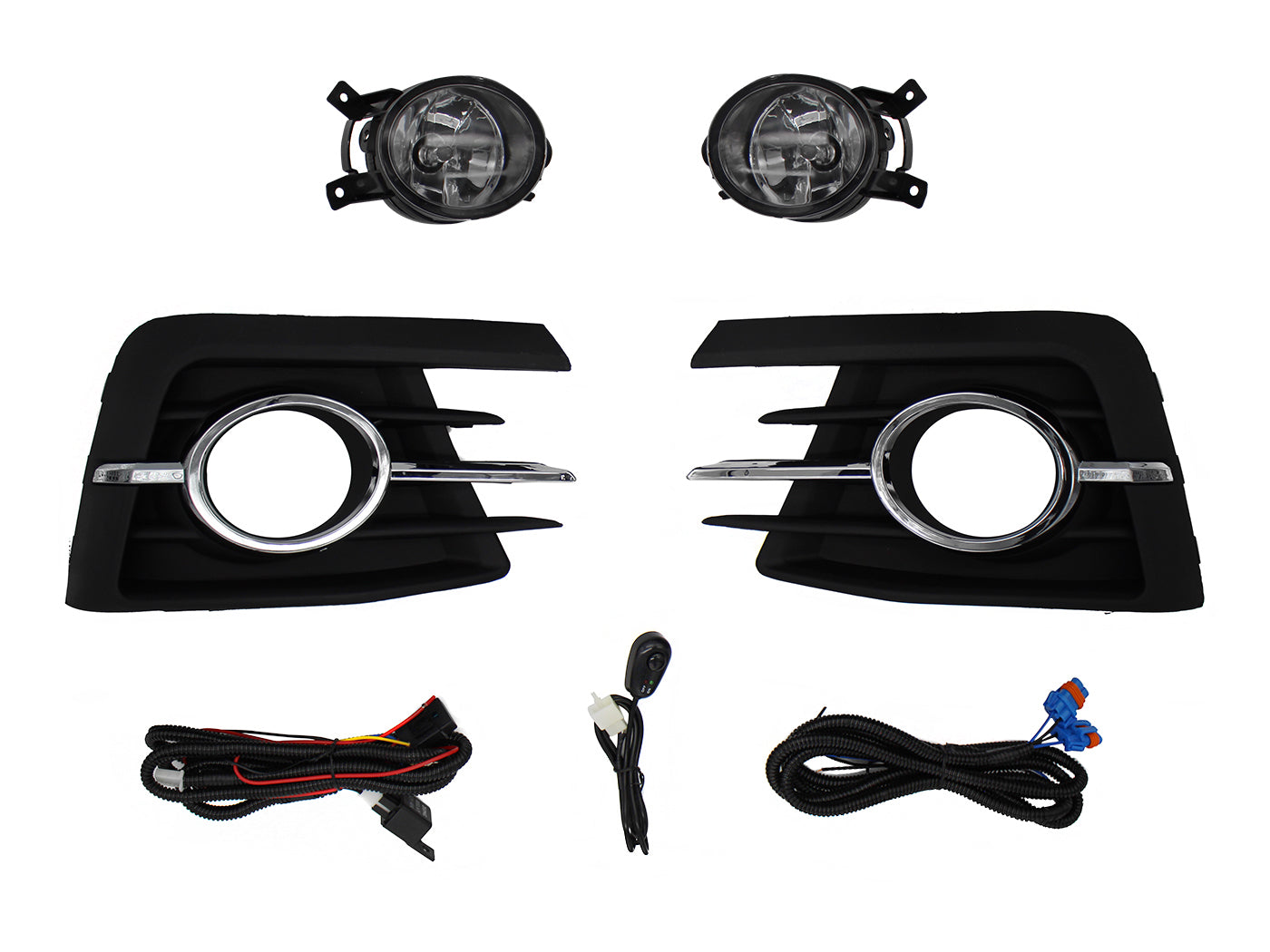 KIT FARO AUX C/CABLES C/REJILLAS ARILLO CROMO C/FOCOS (SEDAN/H-BACK)